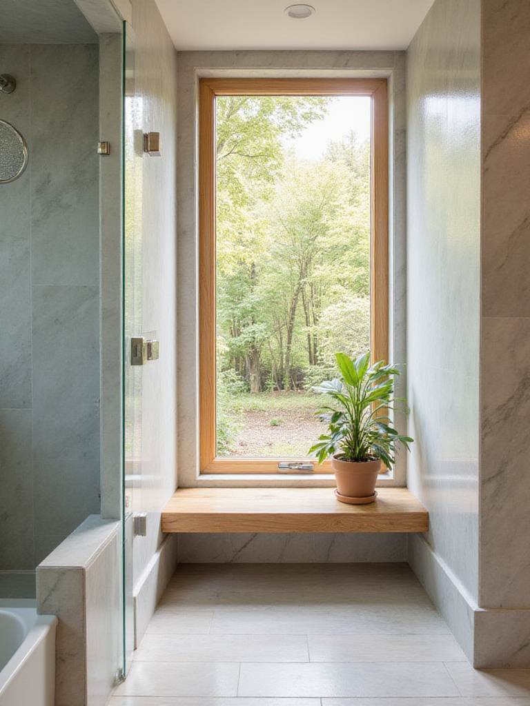 Modern bathroom with built-in teak shower bench and natural light.
