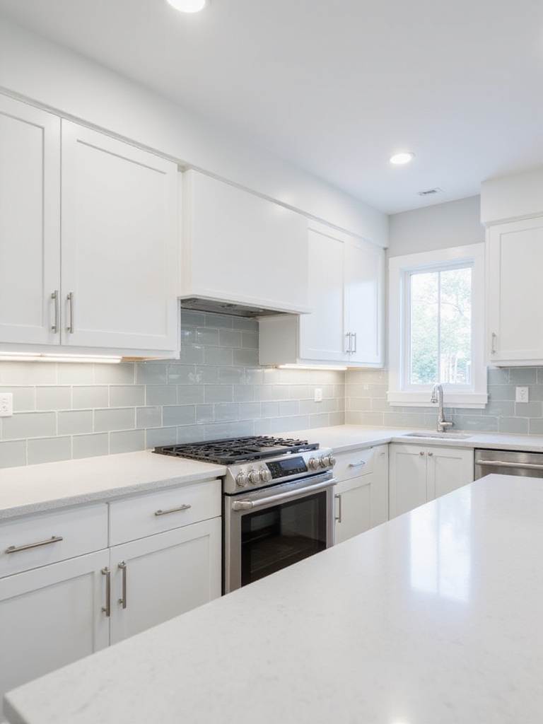 Modern minimalist kitchen with light gray glass backsplash tiles.