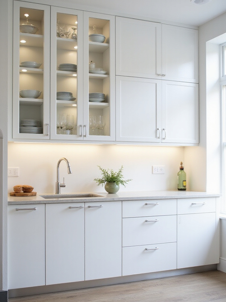 Modern kitchen with sleek white wall cabinets maximizing vertical space and storage.
