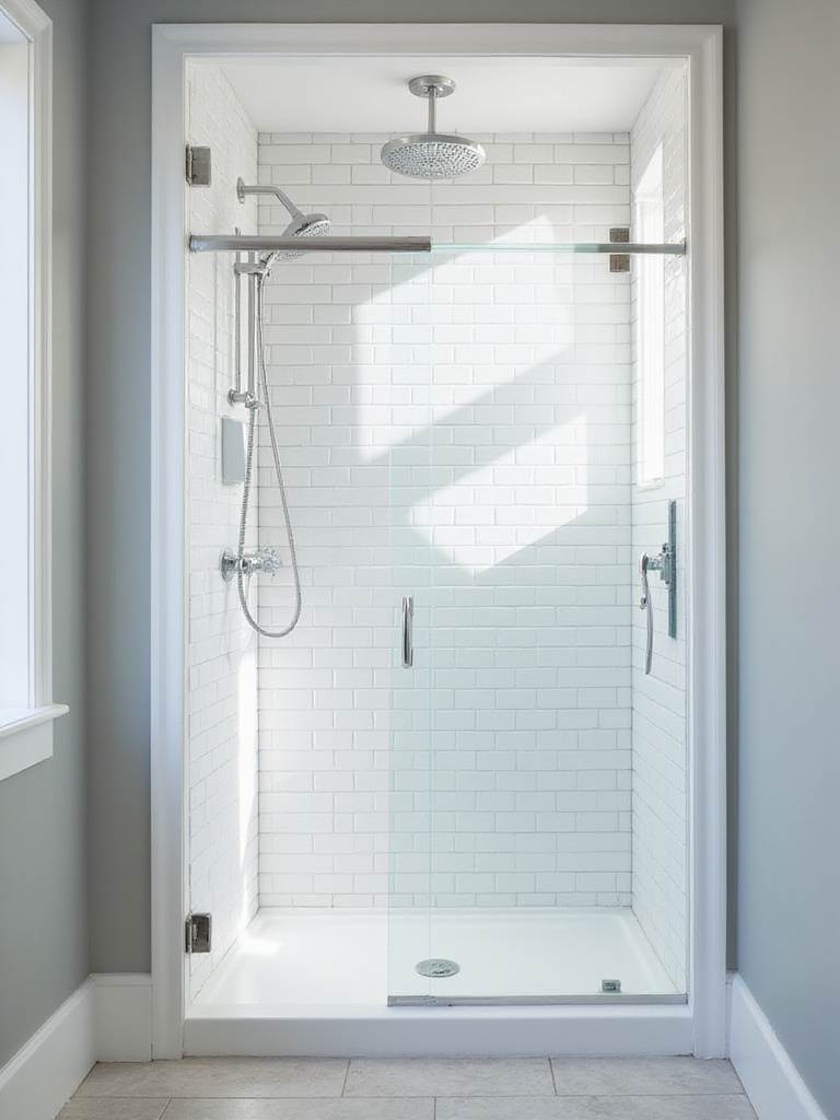 Space-saving frameless sliding shower door in a modern bathroom.