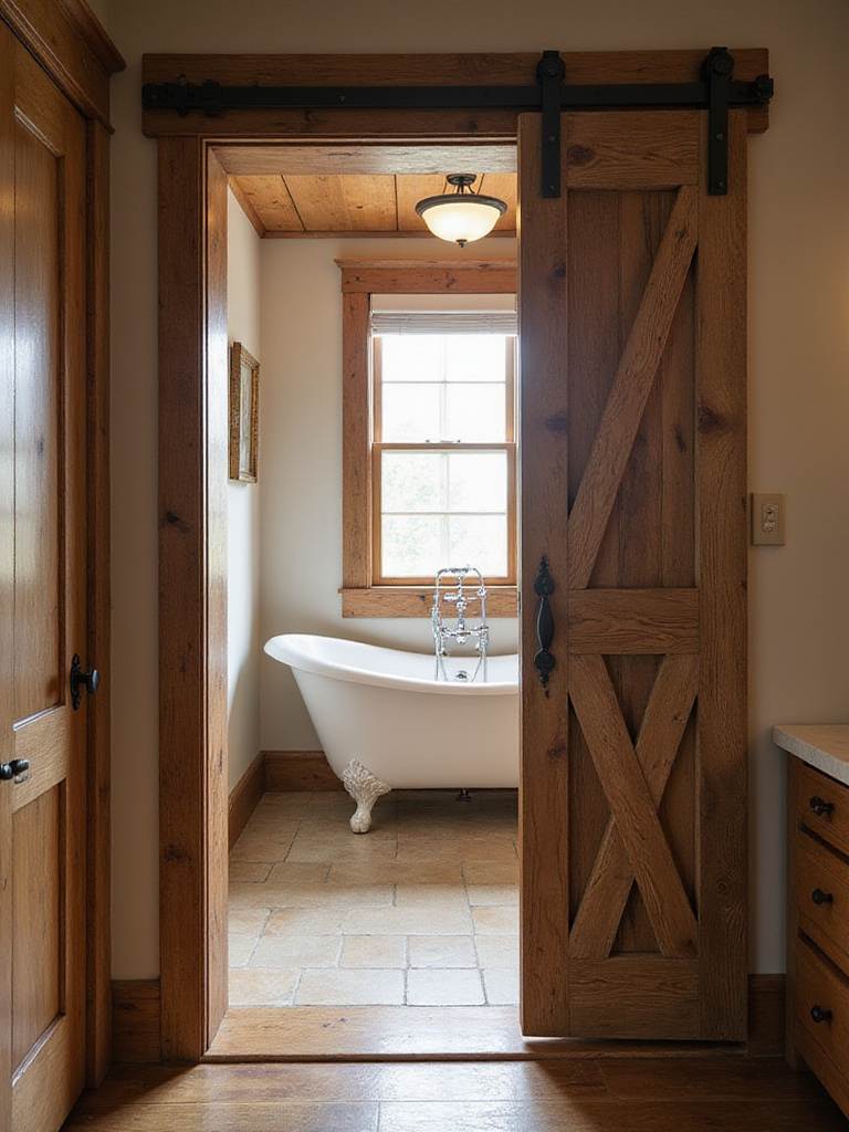 Rustic bathroom entrance with a sliding reclaimed wood barn door.