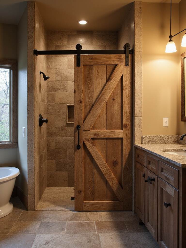 Rustic bathroom with sliding barn door shower enclosure made of reclaimed wood and black iron hardware.