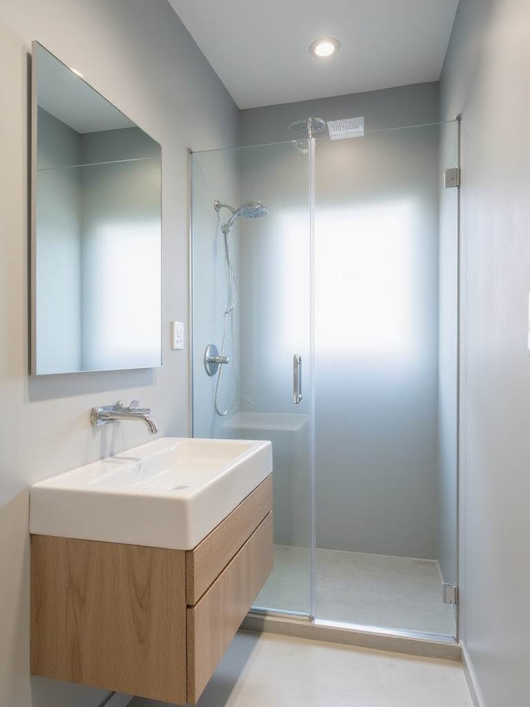 Small modern bathroom with floating vanity and glass shower enclosure