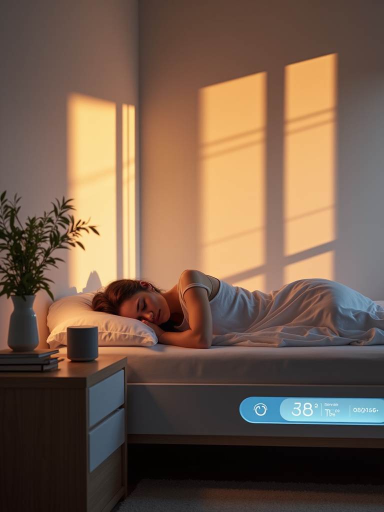 Smart bedroom with integrated technology for ultimate comfort and improved sleep quality.