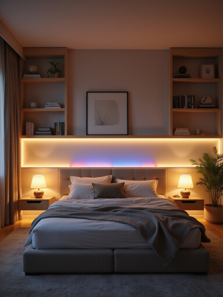 Modern bedroom with smart lighting creating a relaxing ambiance