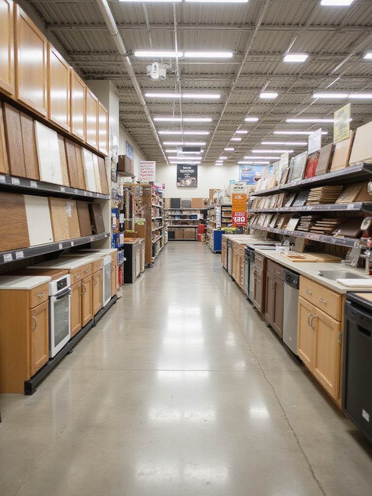 Home improvement store aisle featuring kitchen cabinets and countertops on sale.
