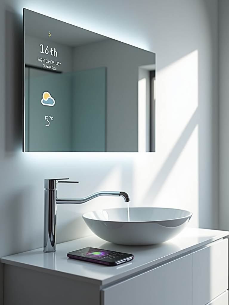 Modern bathroom with smart vanity featuring a smart mirror, touchless faucet, and integrated lighting.