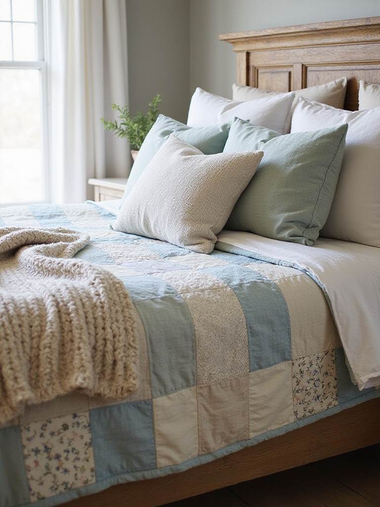 Farmhouse bedroom with patchwork quilt, linen sheets, and chunky knit blanket.