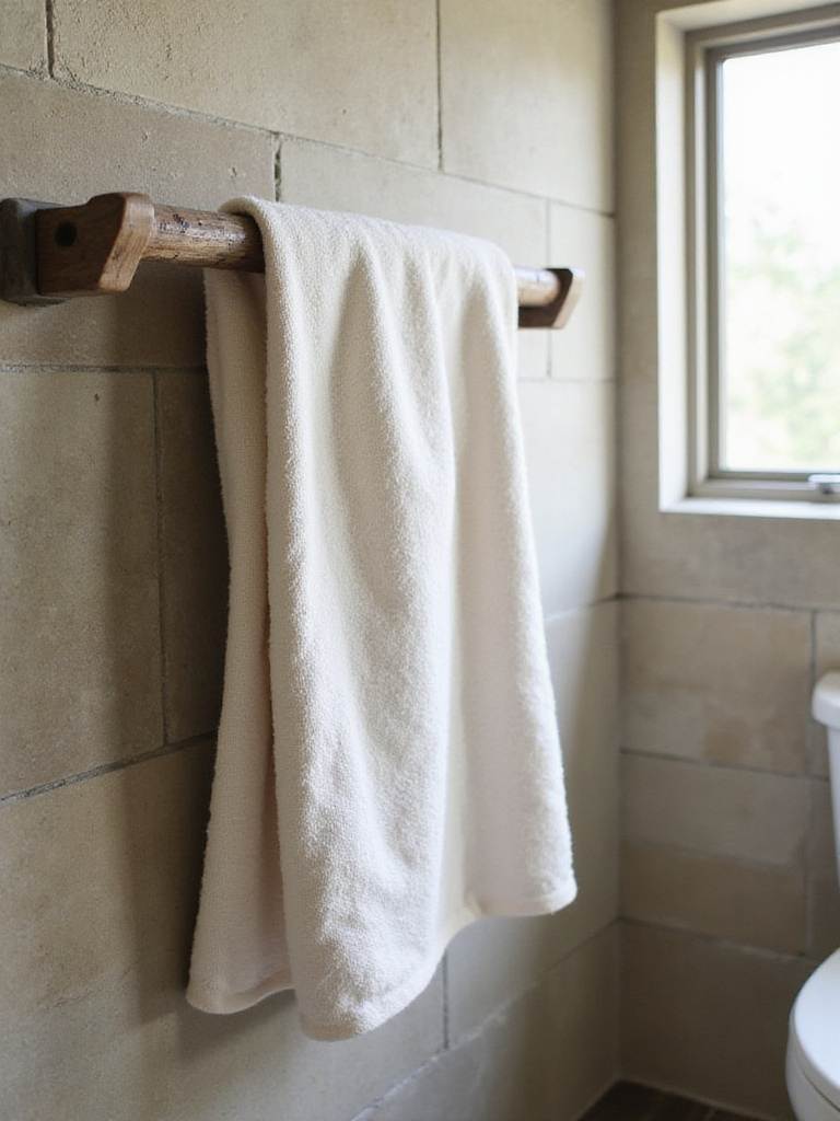 Rustic bathroom featuring soft linen towel on reclaimed wood towel bar