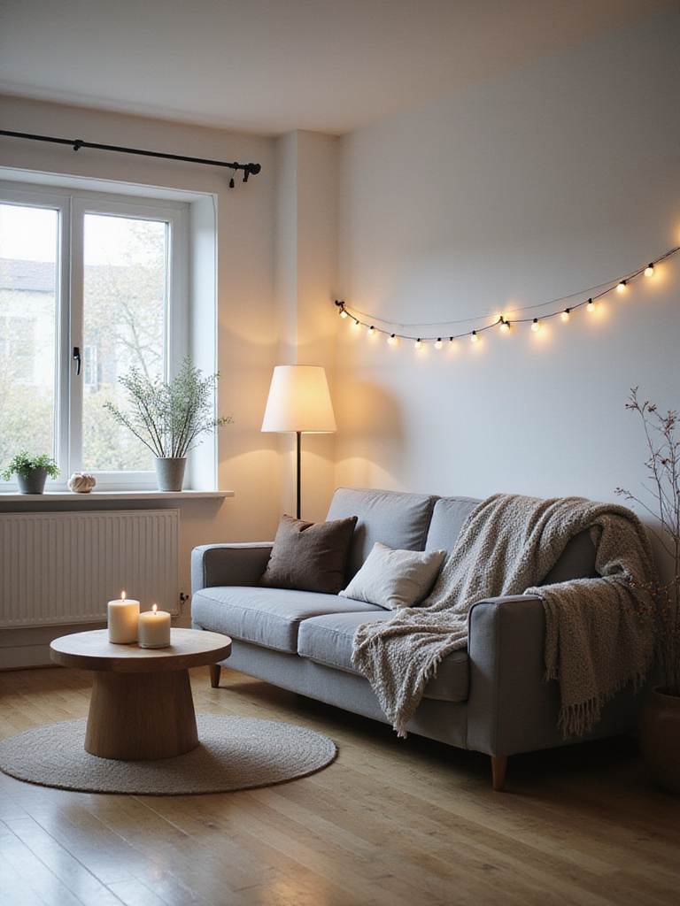 Cozy Scandinavian living room with soft ambient lighting from candles, lamps, and string lights.