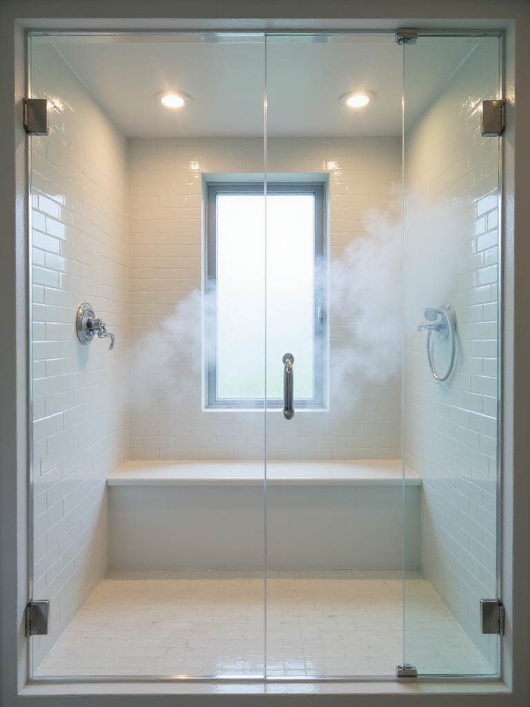 Luxurious steam shower with glass enclosure and subway tile