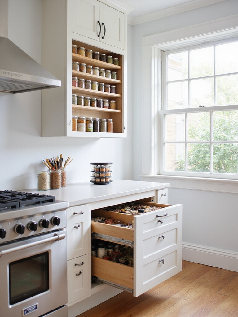 Modern kitchen with organized spice racks including wall-mounted, drawer insert, and countertop carousel options.