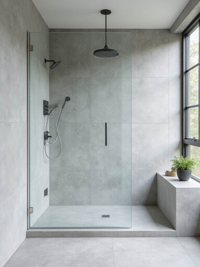 Modern bathroom with a square, frameless glass shower featuring large format tiles and a linear drain.