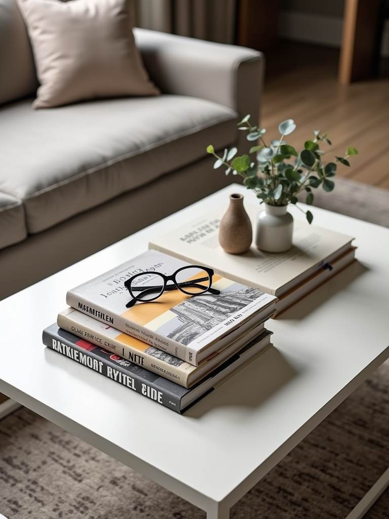 Coffee table styling with stacks of art, architecture, travel, and design books, topped with a vase of eucalyptus and reading glasses.