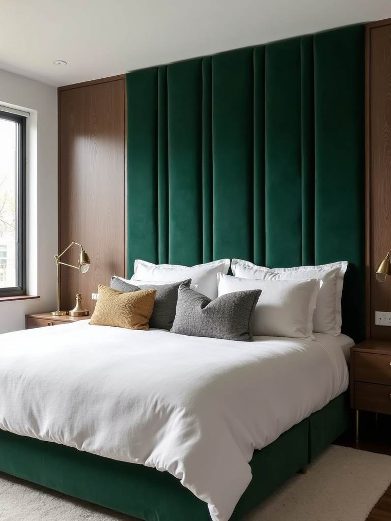 Emerald green velvet channel tufted statement headboard in a modern bedroom
