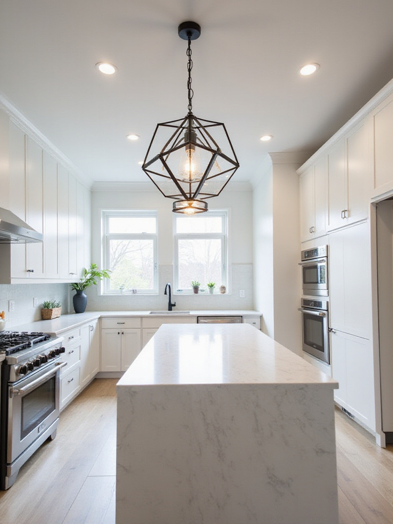 Modern kitchen with white cabinets and black geometric pendant light over island