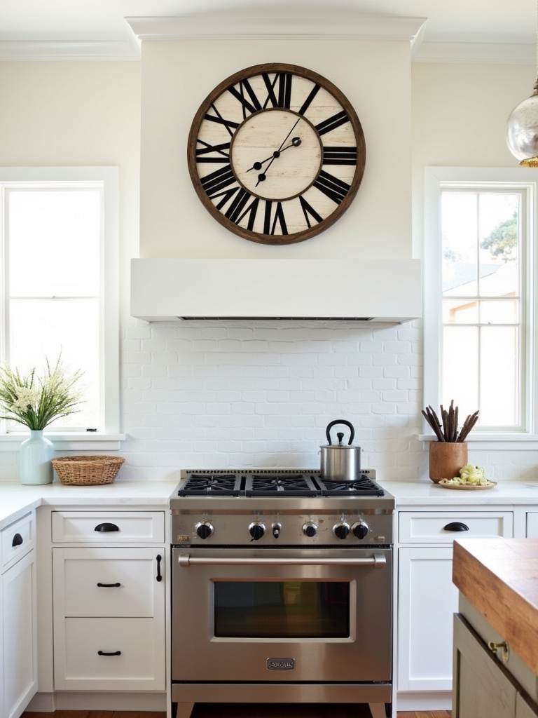 Statement wall clock with distressed wood frame in a farmhouse kitchen