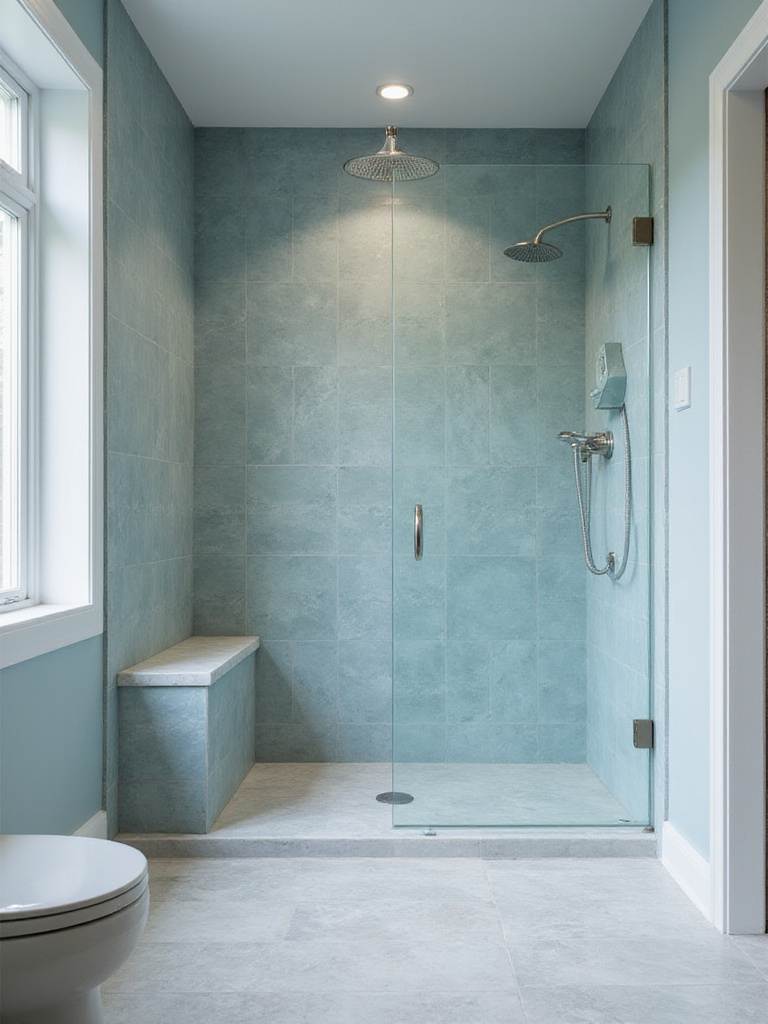 Modern walk-in shower with glass panel and rainfall showerhead.