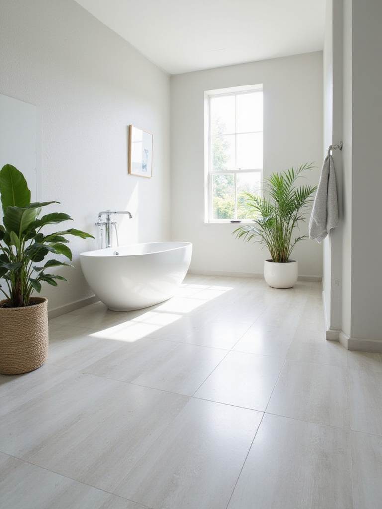 Modern bathroom with light gray porcelain tile flooring and freestanding bathtub.