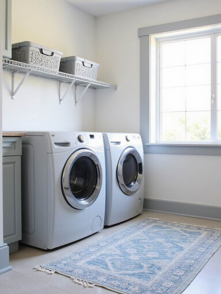Laundry room with light grey appliances and a blue and grey patterned rug.