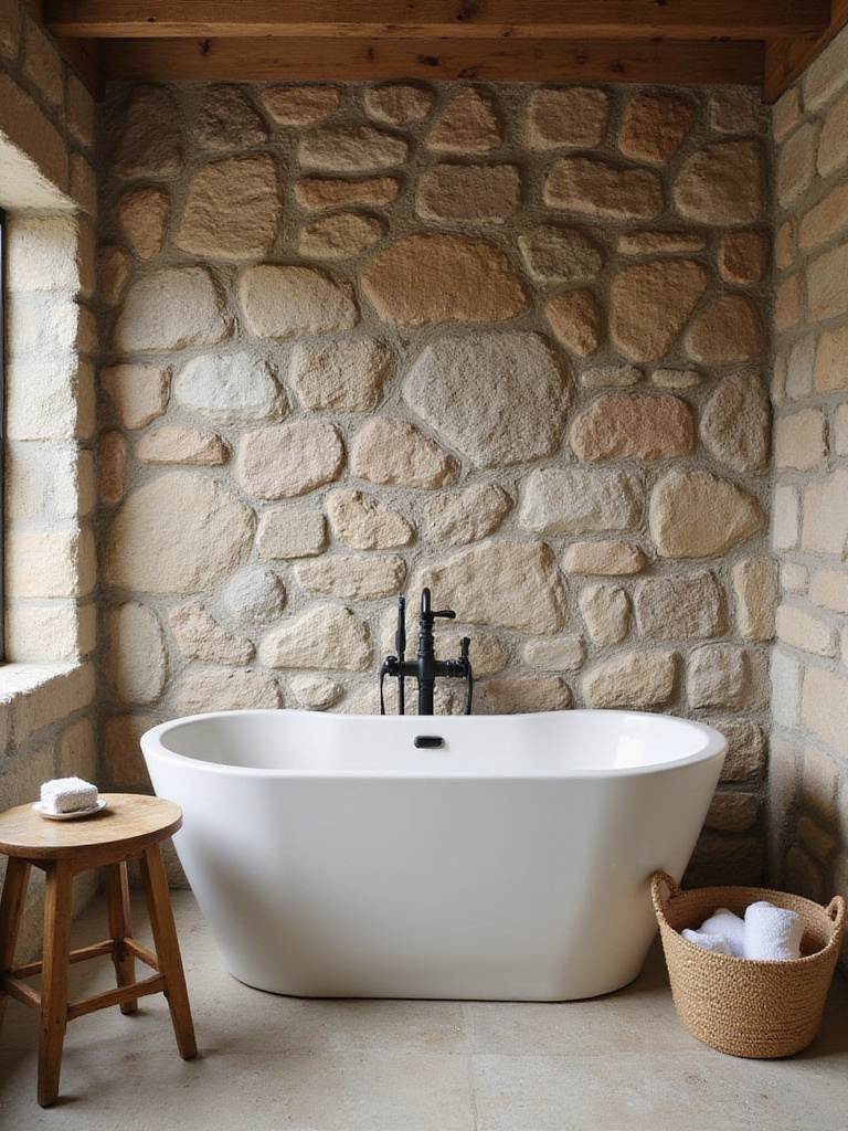 Rustic bathroom with stone accent wall behind freestanding tub