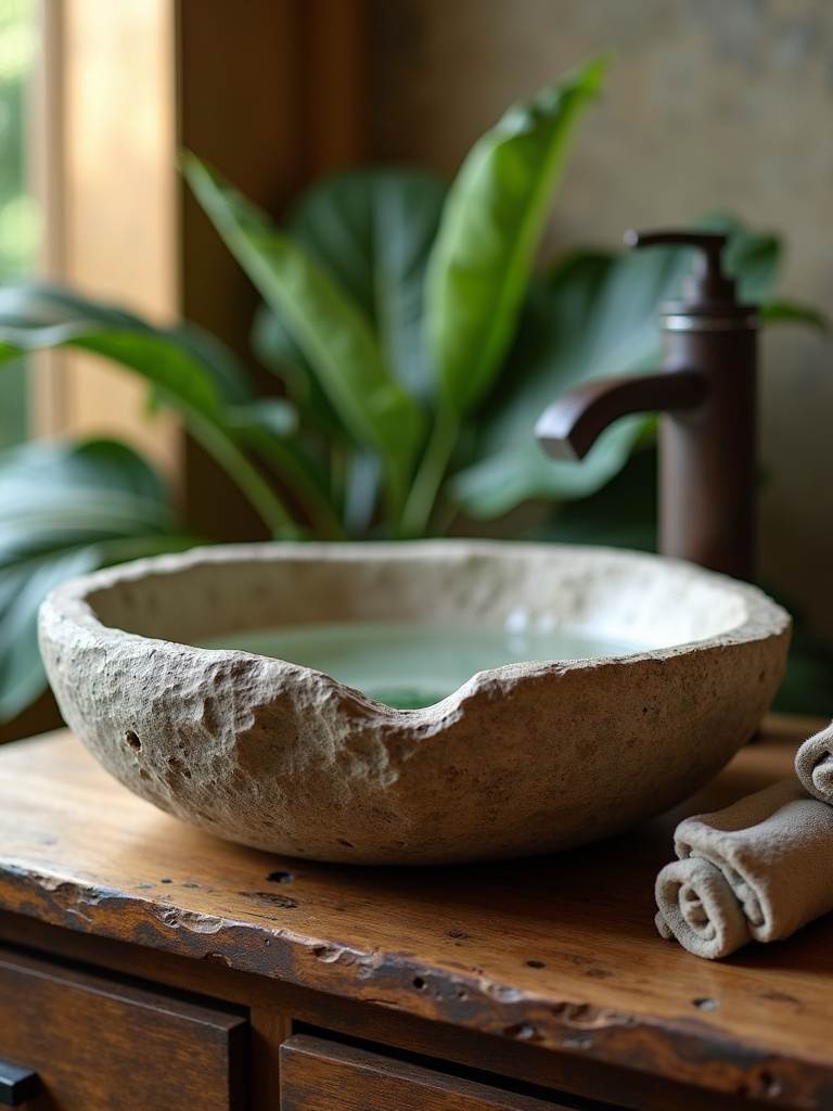 Natural river stone vessel sink on reclaimed wood vanity in a spa-like bathroom setting