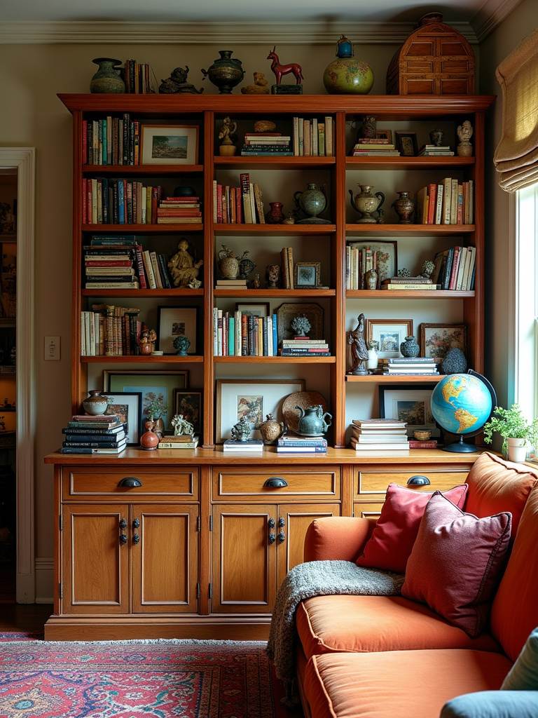 Eclectic living room bookshelf displaying travel souvenirs and personal treasures.