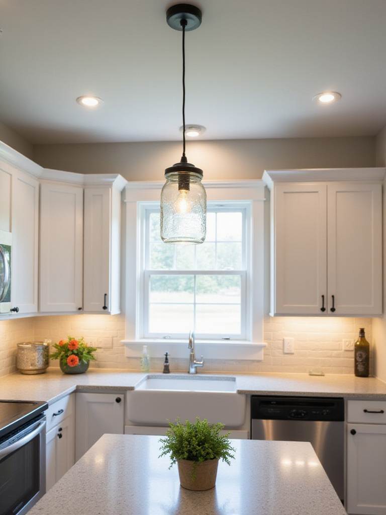 Affordable kitchen lighting solutions: Under-cabinet LEDs, flush-mount ceiling light, and mason jar pendant.
