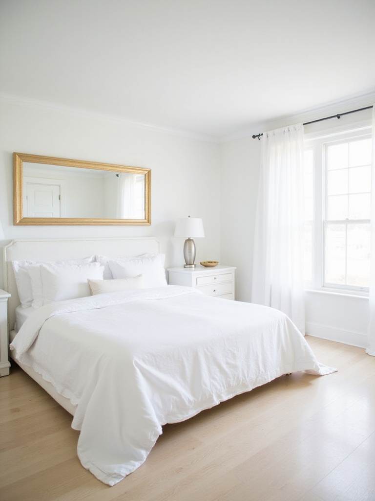 White bedroom with subtle gold and silver accents, creating a glamorous and serene atmosphere.