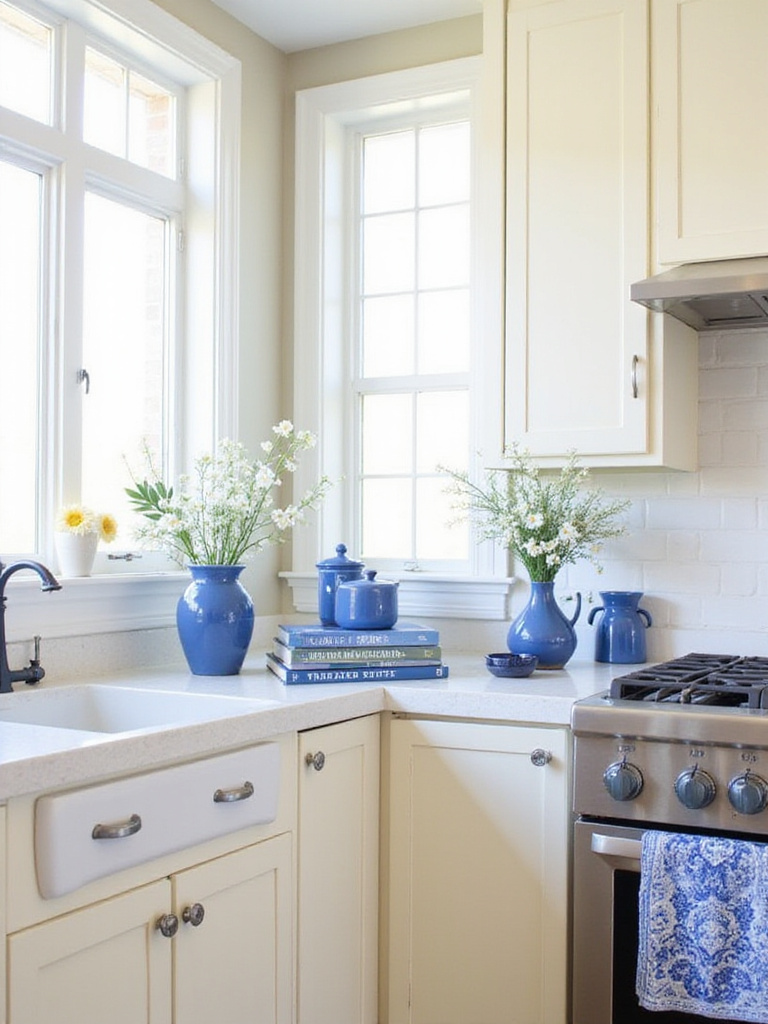 Blue kitchen accessories adding personality to a neutral kitchen.