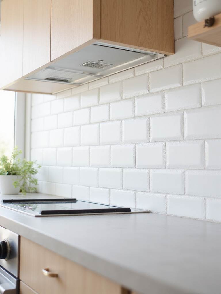 Modern kitchen backsplash featuring oversized matte white subway tiles in a vertical stacked pattern.