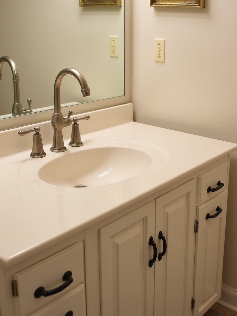 Bathroom vanity with updated matte black cabinet pulls and modern chrome faucet, showing the impact of new hardware.