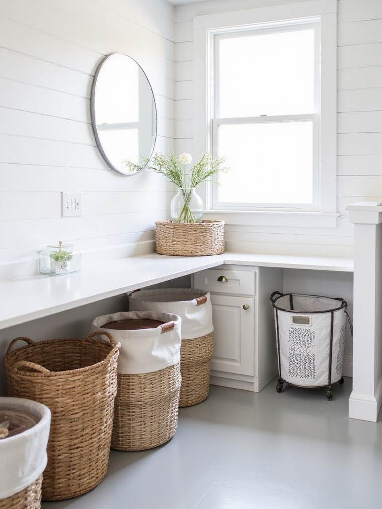 Stylish laundry baskets in a modern laundry room