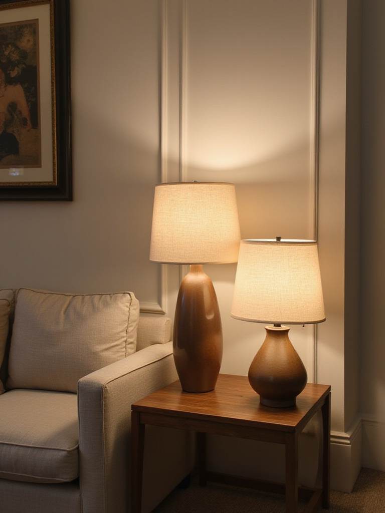 Living room with two ceramic table lamps providing warm, ambient lighting.