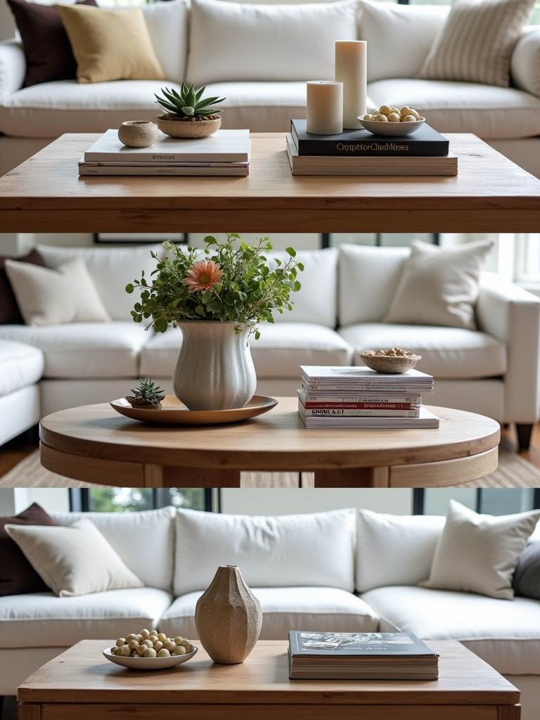 Coffee table styling ideas based on table shape: rectangular, round, and square tables with curated arrangements.