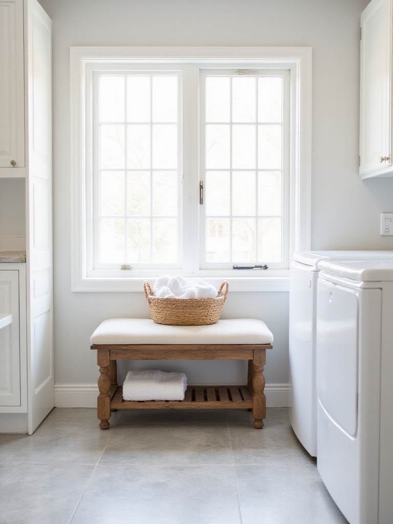 Laundry room with white cabinets and a charming vintage-style wooden bench