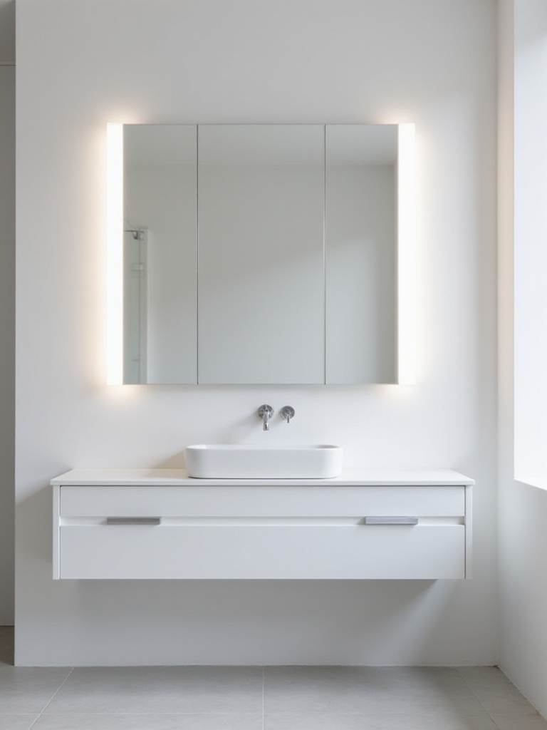 Modern bathroom vanity with daylight LED light bars providing bright, task-oriented lighting.