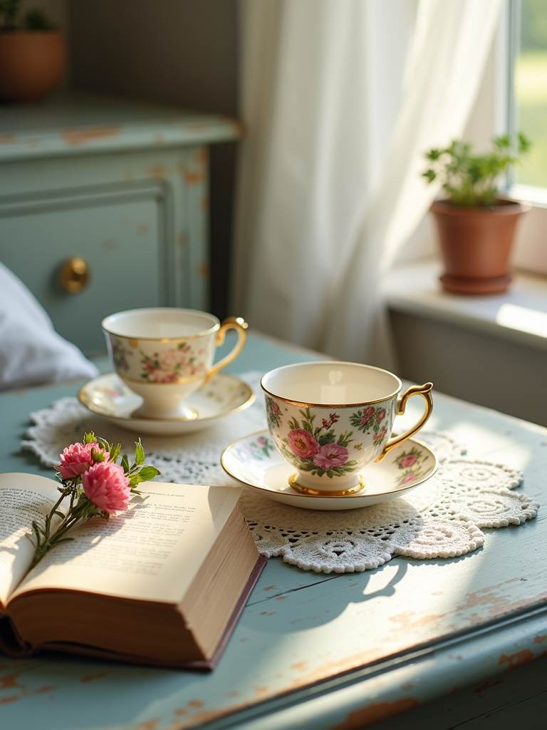 Vintage tea cups on bedside table, vintage bedroom decor