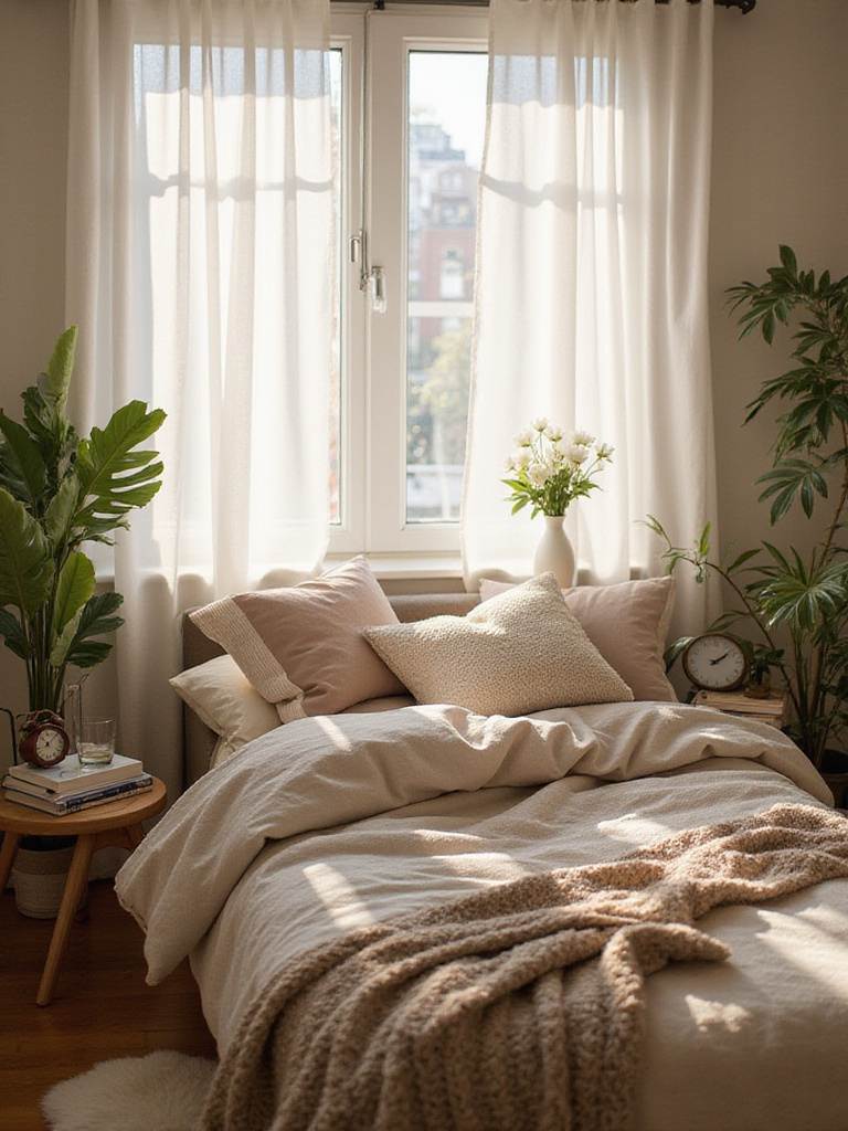 Tech-free bedroom with soft lighting, comfortable bedding, and natural elements.