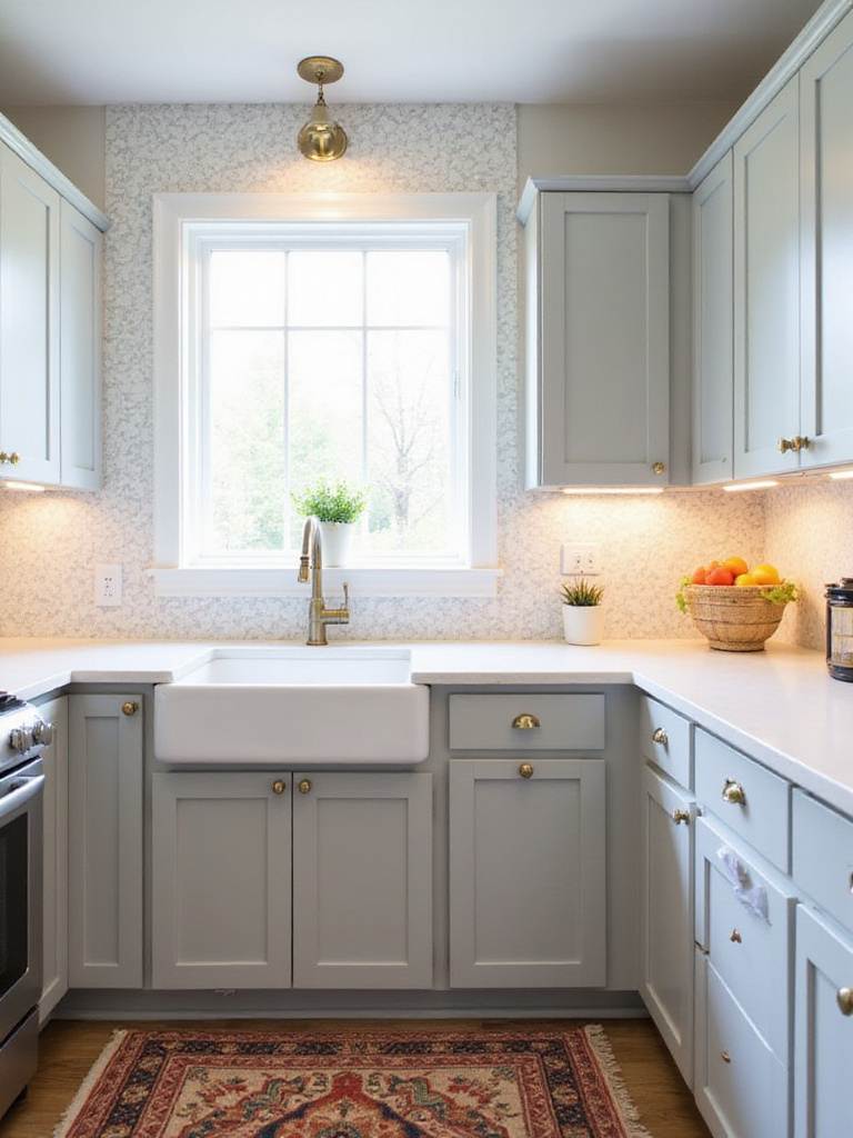 Updated kitchen with peel-and-stick backsplash, new cabinet hardware, and under-cabinet lighting.