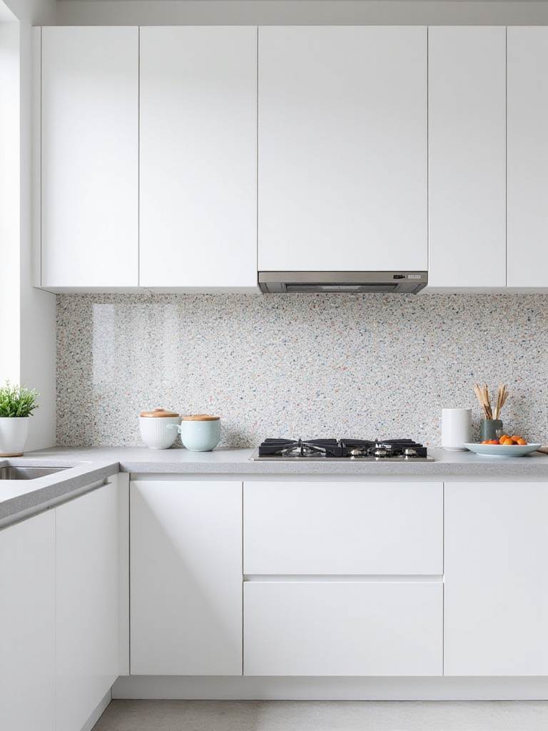 Modern kitchen with a colorful terrazzo backsplash featuring white cabinets and light gray countertops.