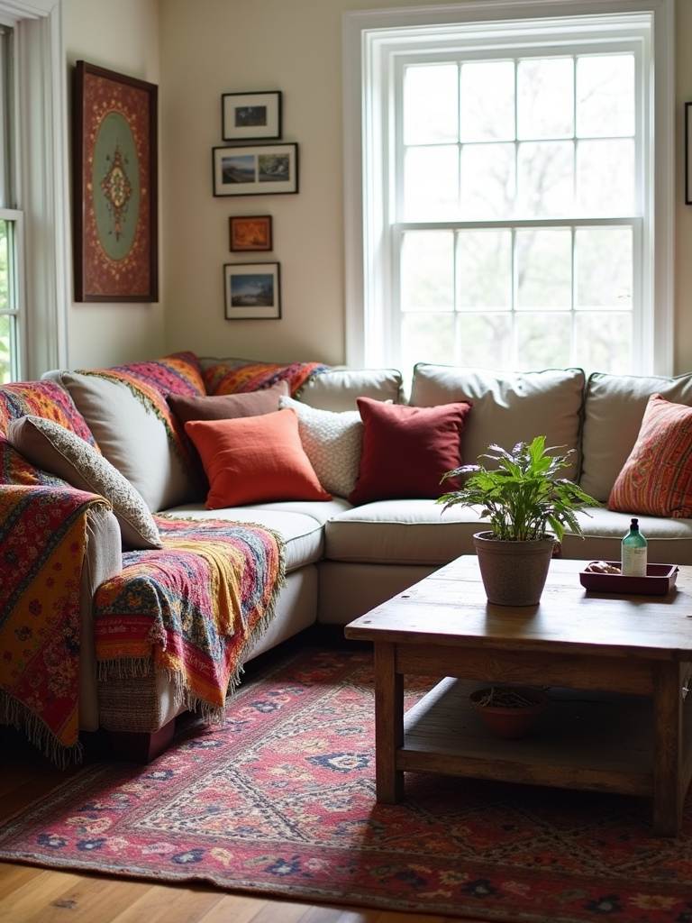 Eclectic living room with layered textiles, including a Kantha quilt, kilim cushion, and mismatched throw pillows.