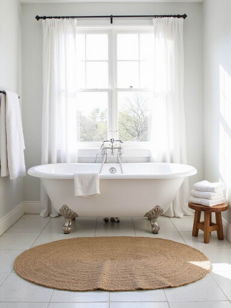 Farmhouse bathroom with clawfoot tub and natural jute rug