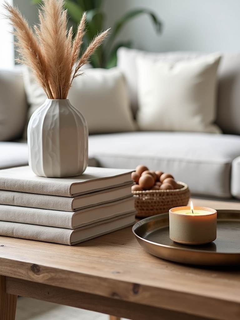 Coffee table styling with linen books, ceramic vase, woven basket, and metal tray showcasing varied textures.