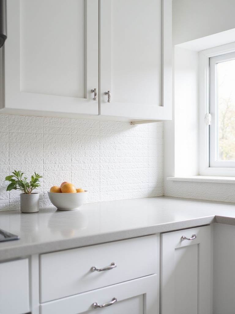 Modern kitchen with white shaker cabinets and a 3D geometric textured backsplash