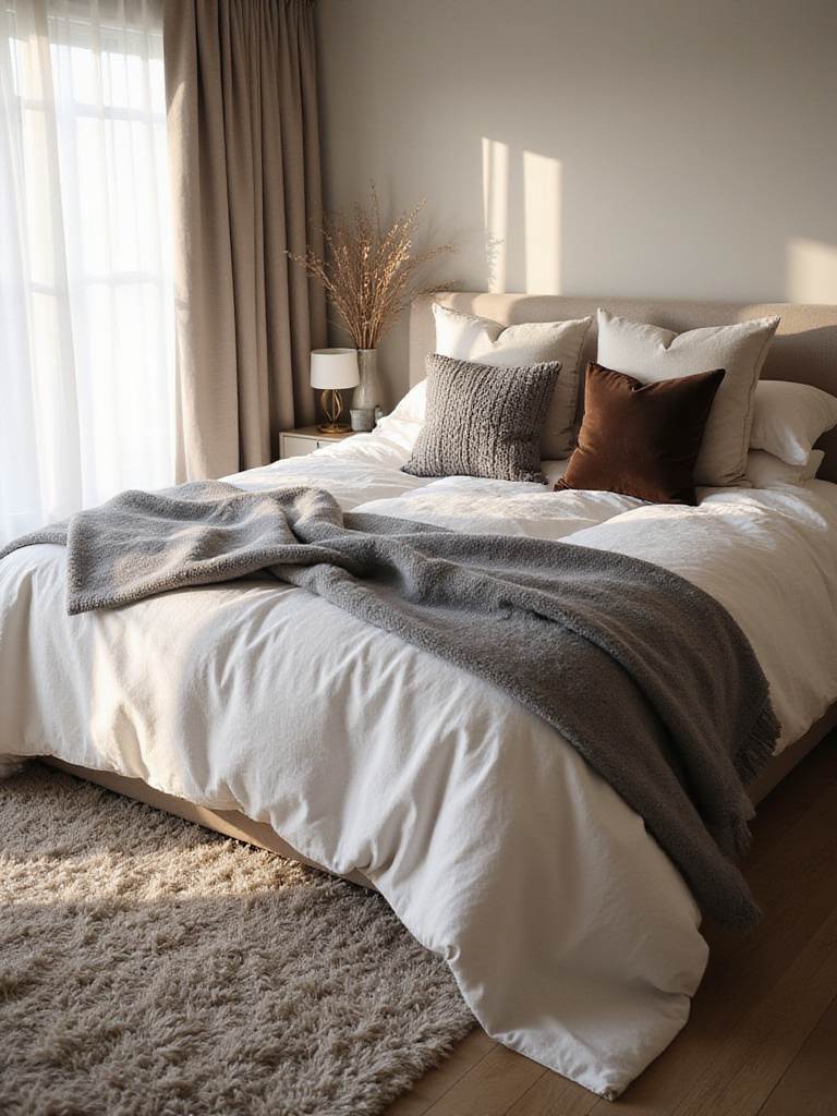 Luxurious bedroom with layered textures including linen, wool, velvet, knit, and faux fur.