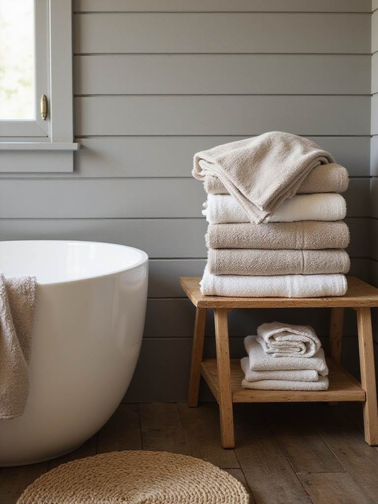 Rustic bathroom featuring textured linen towels and a jute bath mat for added comfort and style.