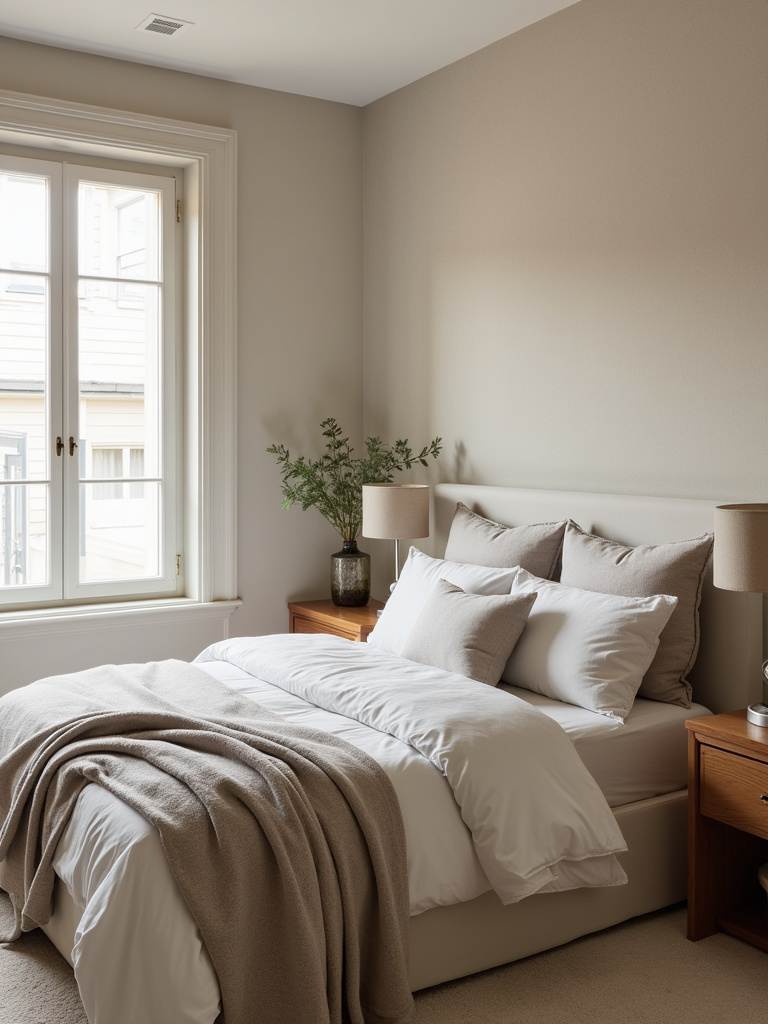 Bedroom with linen-like textured accent wall behind bed
