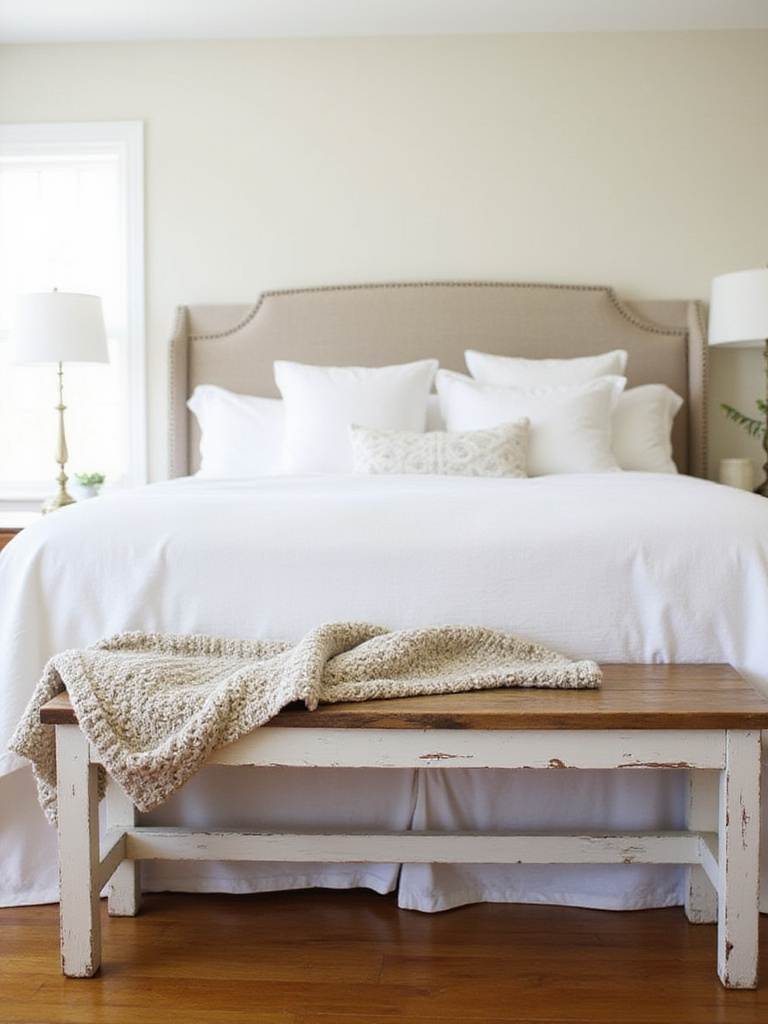 Farmhouse bedroom with white linen bedding and a rustic wooden bench at the foot of the bed.