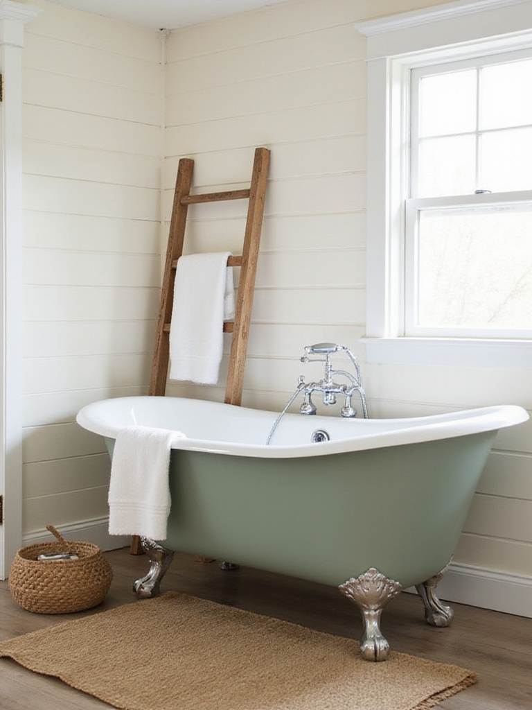 Rustic bathroom featuring a sage green clawfoot tub and shiplap walls.